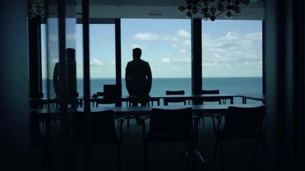 Ceo Man Silhouette Thinking Sea Panorama Window Confident Corporate Professional — 图库视频影像