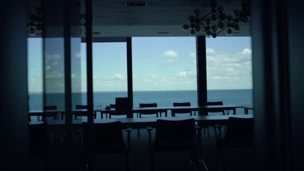 Director Silhouette Walking Sea Panoramic Window Unrecognized Leader Boss Waiting — Vídeos de Stock