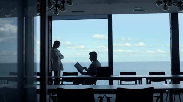 Office Secretary Showing Businessman Documents Panorama Window Unknown Elegant Woman — Video