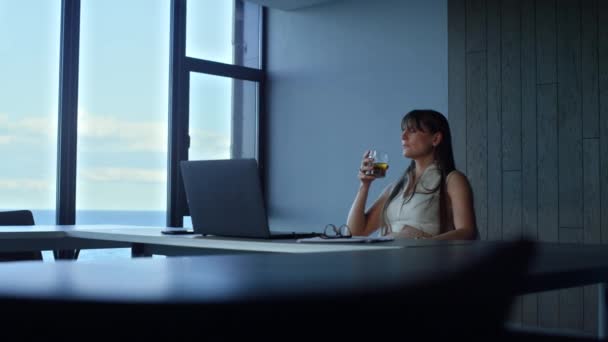 Tired Manager Drinking Whiskey Office Stressed Woman Relaxing Alcohol Alone — Video Stock