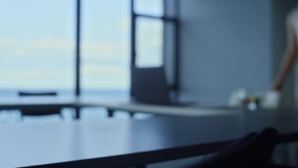 Office Manager Working Computer Panorama Window Businesswoman Looking Laptop Taking — Stock videók