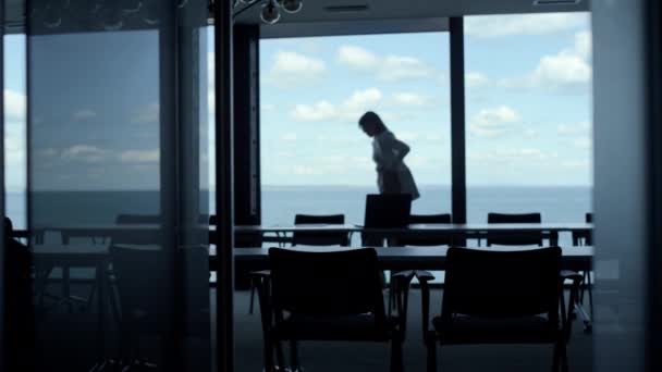 Silhouette Businesswoman Thinking Ocean Panorama Window Luxury Office Stressed Ceo — Αρχείο Βίντεο