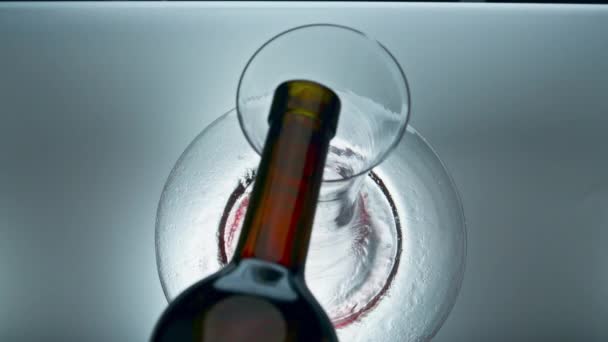 Engarrafado Caro Vinho Tinto Derramando Decantador Closeup Bebidas Rosa Tigela — Vídeo de Stock
