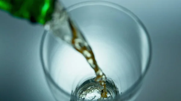 Fresh Beer Stream Pouring Glass Green Bottle Closeup Unfiltered Lager — Stock Photo, Image