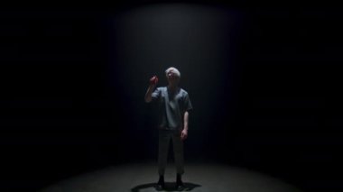 Vr teenager touching air in dark room. Futuristic guy experience cyber simulator game in light. Focused blonde man touching invisible panel. Cyber player wearing ar goggles immersing console reality.
