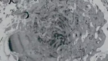 Konteynırın içinde maden suyu fokurduyor. Su kaynatma aktif olarak şeffaf gemi yavaş çekim. Soda köpüklü, cam makro manzaralı. Filtrelenmiş sıvı beyaz arka plan. Susuzluk kavramı 