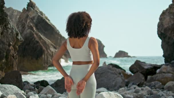 Avslappnad Afrikansk Amerikansk Yogi Flicka Står Med Namaste Händer Bakom — Stockvideo