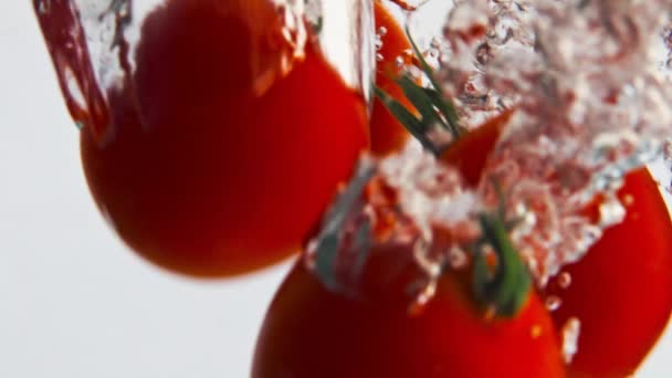 Cherry Tomatoes Splashing Liquid Closeup Fresh Garden Vegetables Drop Bubbling — Stock Video