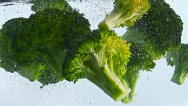 Close Groene Broccoli Onderwater Witte Achtergrond Verse Rijpe Stukken Kool — Stockvideo