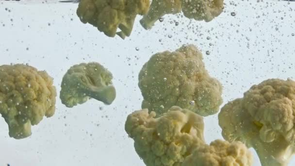 Fresh Cauliflower Floating Transparent Water Bubbles Super Slow Motion Close — Stock Video