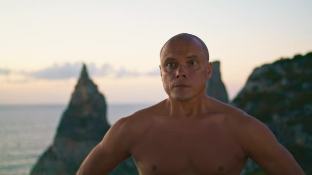 Closeup Zen Man Stretch Hands Beautiful Evening Ocean Focused Yoga — Stock Video