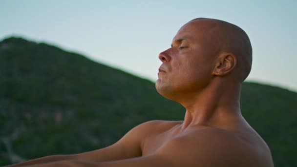 Focused Man Meditating Yoga Breathing Evening Closeup Athletic Yogi Training — Stock Video