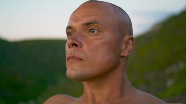 Closeup Serene Man Meditating Making Namaste Gesture Athlete Training Mountains — Stock Video
