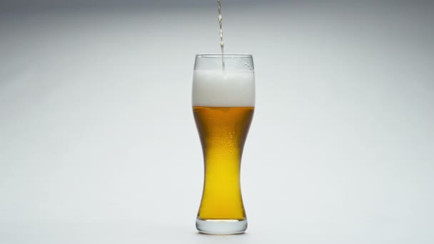 Fino Chorro Cerveza Lager Verter Vidrio Transparente Cámara Súper Lenta — Vídeo de stock