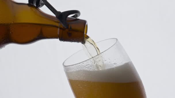Bouteille Bière Brune Remplissant Gobelet Clair Avec Boisson Artisanale Lager — Video