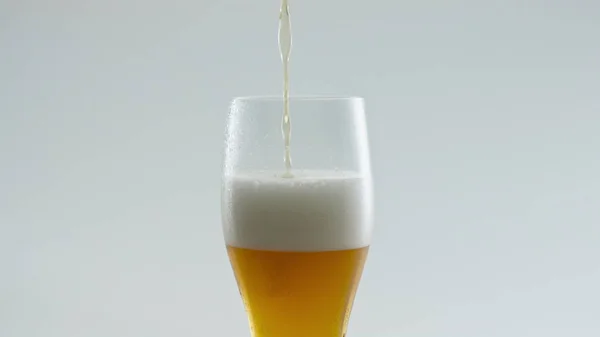 Pouring wheat froth beer into glass at white background close up. Stream golden alcohol beverage flowing in clear goblet super slow motion. Delicious heady drink foaming bubbling inside cup.