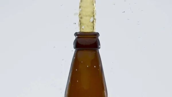 Metal Cap Popping Out Glass Beer Bottle Super Slow Motion — Stock Photo, Image