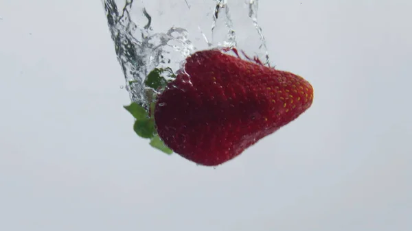 红色甜草莓在清澈的水中沉入白色背景特写 成熟可口的浆果掉进了透明的液体中 造成气泡 超慢动作漂浮在水下的维生素有机水果 — 图库照片