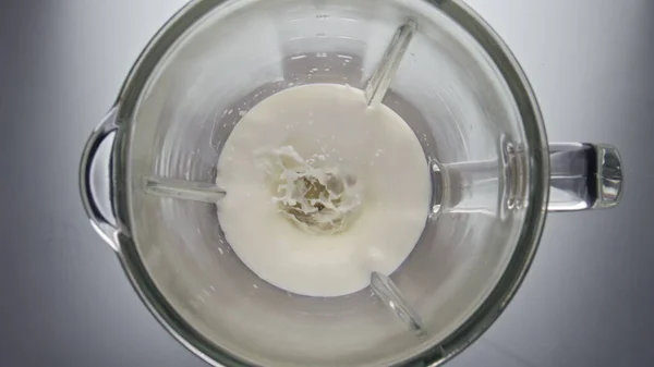 Fresh White Milk Blending Electric Mixer Super Slow Motion Closeup — Stock Photo, Image