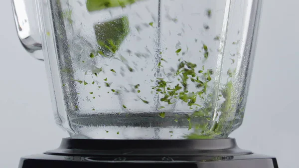 Ein Stück Grünen Bio Brokkoli Mischung Elektrischen Mixer Aus Nächster — Stockfoto