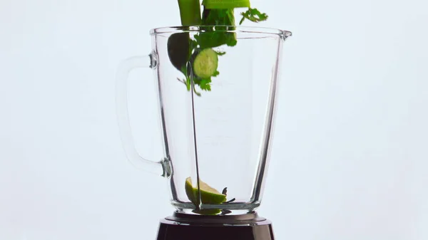 Sliced Vitamin Vegetables Fall Blender Bowl Super Slow Motion Closeup — Stock Photo, Image