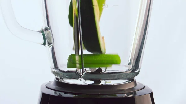 Green Organic Fruits Vegetables Falling Blender Cup Super Slow Motion — Stock Photo, Image