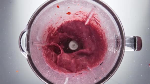 Tasty Red Berry Smoothie Mixing Electric Blender Close Top View — Stock Video