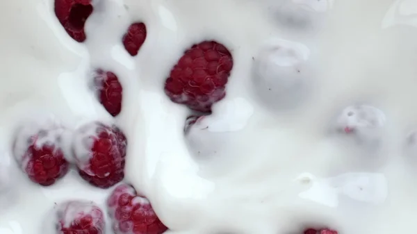 Primeros Planos Postre Flotante Frambuesa Rosa Superficie Blanca Las Bayas —  Fotos de Stock