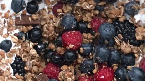 Färska Bär Granola Spinning Yoghurt Närbild Mjölkkrämig Dessert Ekologisk Frukost — Stockvideo