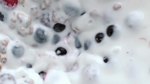 Granola Bayas Mezcla Proceso Vista Superior Cereal Muesli Flotante Leche — Vídeo de stock