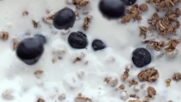 Buah Beri Menutup Mengisi Granola Blueberry Organik Mengambang Dalam Tampilan — Stok Video