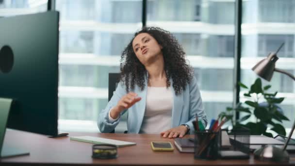 Nervous Upset Girl Failed Work Sitting Company Office Close Portrait — Stock Video
