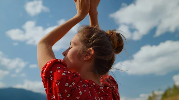 Closeup Gentle Woman Hands Front Cloudy Sky Back View Carefree — Stock Fotó