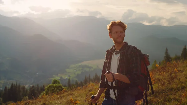 Serious Man Travel Mountains Landscape Hipster Tourist Using Trekking Poles — Foto Stock