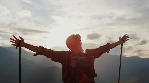 Joyful Hiker Raise Hands Mountains Sky Unknown Tourist Silhouette Celebrate — Stock Fotó