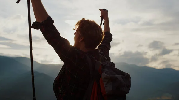 Closeup Euphoric Hiker Celebrate Win Raise Hands Mountains Nature Emotional — Stock Fotó