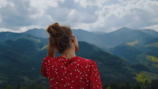 Unknown Woman Touching Hair Enjoying Amazing Mountains Landscape Close Back — Stock Fotó