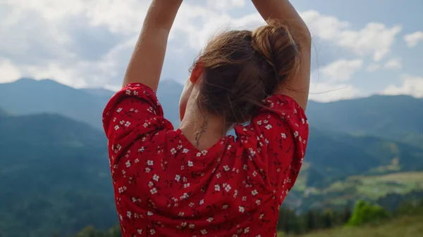 Unrecognizable Woman Relaxing Raising Hands Cloudy Sky Outdoors Close Back — Stock Fotó