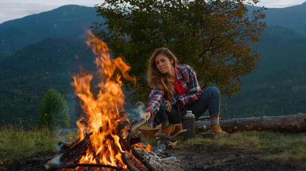 Thoughtful Hipster Travel Camping Spend Vacation Mountains Campfire Nature Close — Fotografia de Stock