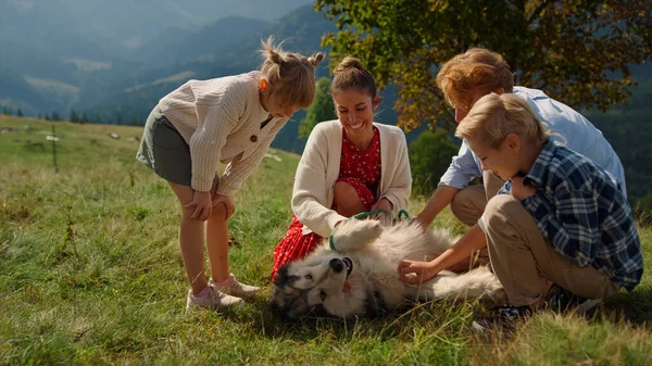 Relaxed Family Petting Fluffy Dog Lying Green Grass Outdoors Close — Fotografia de Stock