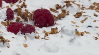 Kırmızı ahududulu kremalı yoğurt ve gevrek gevrekleri süper yavaş çekimde. Süt tatlısına doğal vitamin bileşenleri ekliyorum. Böğürtlenli lezzetli vejetaryen yemeği hazırlıyorum..