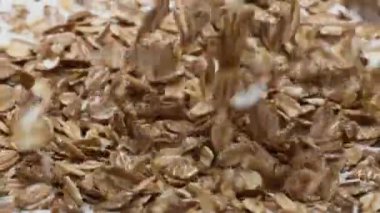 Doğal yoğurtlu yulaf ezmesini kahvaltıya hazırlıyorum. Hem de çok yavaş çekimde. Süt suyu yüzeyine düşen organik yulaf ezmesi. Vejetaryen beslenme için lezzetli mısır gevreği malzemeleri.