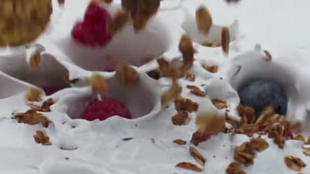 Gör Mejeri Dessert Med Saftiga Bär Välsmakande Granola Super Slow — Stockvideo