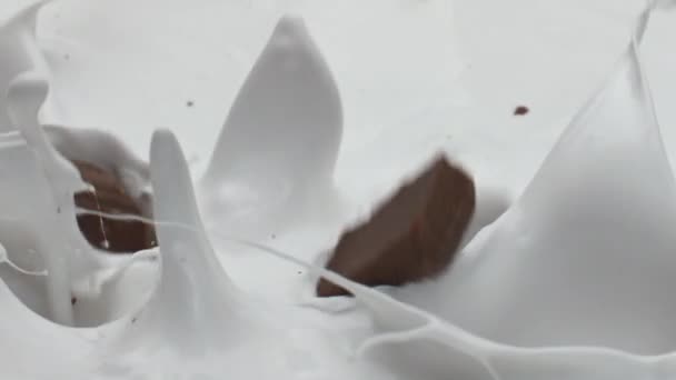 甘いチョコレートが新鮮な有機乳に落ち 超スローモーションでスプラッシュを作ります おいしいカカオ飲料を準備するための乳製品の液体に落ちた暗いおいしいチョコ 料理のコンセプト — ストック動画