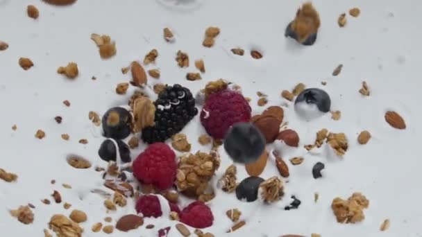 Tasty Vitamin Berries Nuts Muesli Falling Natural Yogurt Super Slow — Stock Video