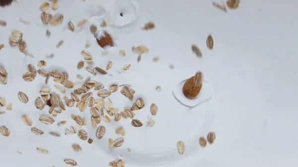 Healthy nutrient ingredients falling into fresh yogurt in super slow motion close up. Tasty blueberry blackberry dropped in creamy dessert with crispy cereal granola. Vitamin natural breakfast.