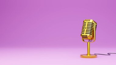 Pembe zemin üzerinde altın antika mikrofon 3D görüntüleyici