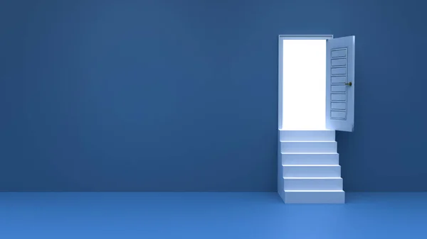楼梯打开白色的门蓝色背景 通向光明的路 成功的概念3D渲染 图库照片