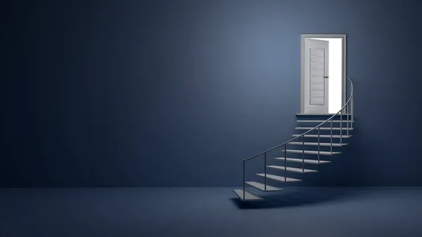 楼梯打开白色的门蓝色背景 通向光明的路 成功的概念3D渲染 图库图片