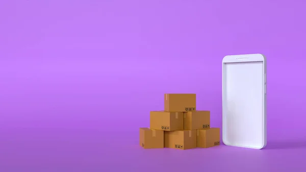 纸盒堆放在紫色背景的白色手机前 网上购物理念 3D渲染 — 图库照片